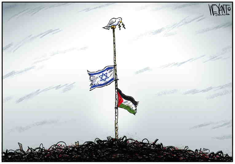 Political/Editorial Cartoon by Christopher Weyant, The Hill, Washington, DC on Gaza Bombed, Cut Off