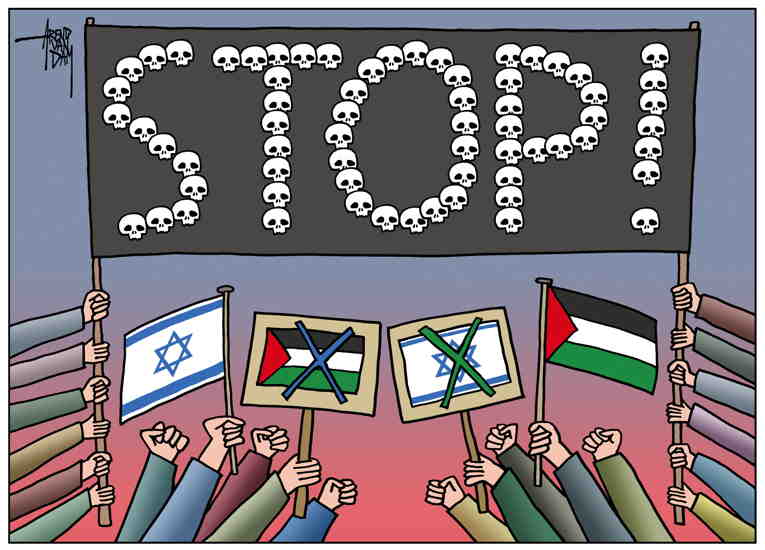 Political/Editorial Cartoon by Van Dam, Landsmeer, Netherlands on Israel Continues Bombing Gaza