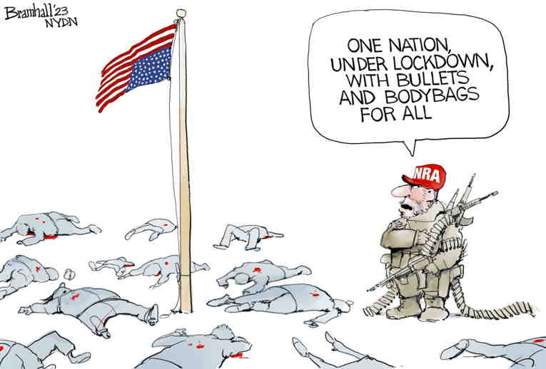 Political/Editorial Cartoon by Bill Bramhall, New York Daily News on Mass Killing Claims 18 Lives