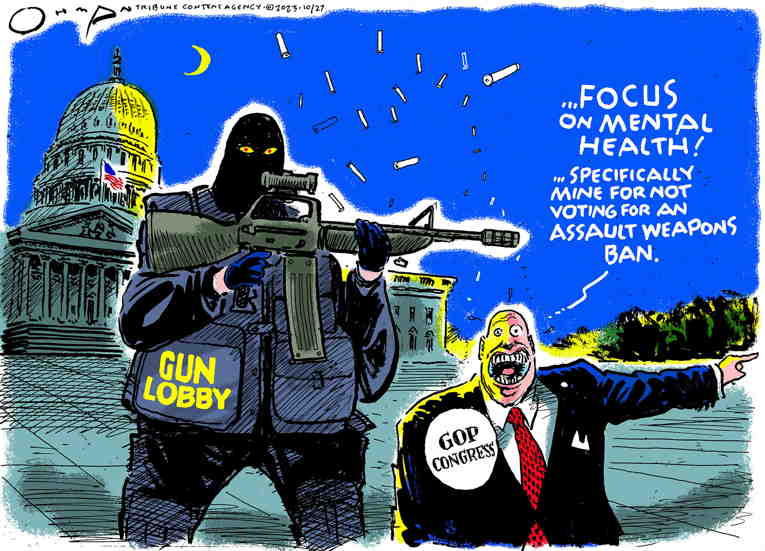 Political/Editorial Cartoon by Jack Ohman, The Oregonian on Mass Killing Claims 18 Lives