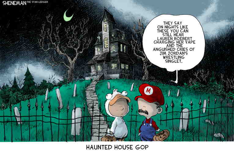 Political/Editorial Cartoon by Drew Sheneman, Newark Star Ledger on America Celebrates Scary Holiday