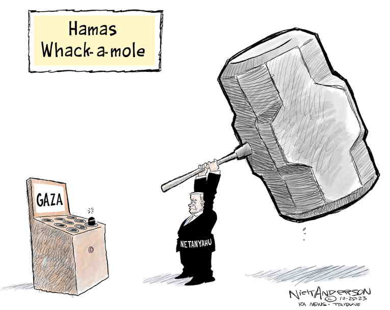 Political/Editorial Cartoon by Nick Anderson, Houston Chronicle on Seige of Gaza Begins