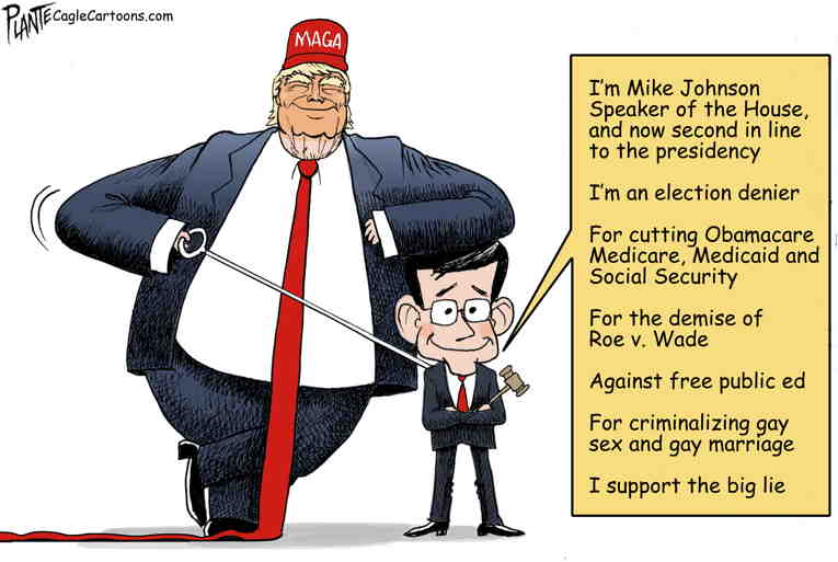 Political/Editorial Cartoon by Bruce Plante, Tulsa World on “MAGA Mike” Named Speaker