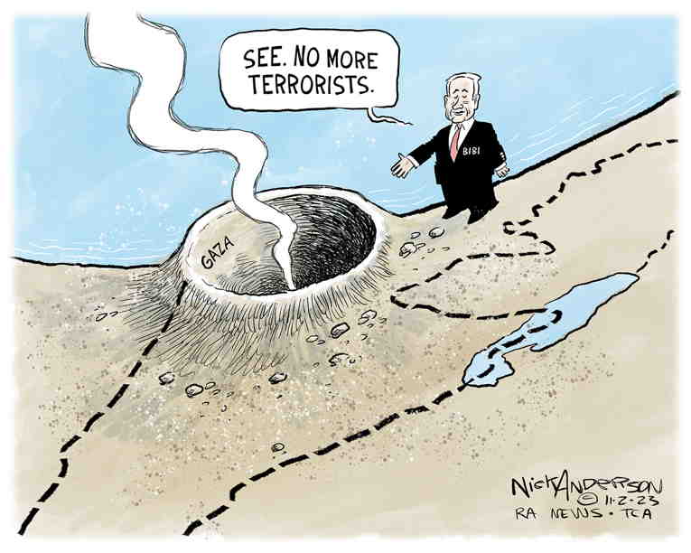 Political/Editorial Cartoon by Nick Anderson, Houston Chronicle on Bombing Kills 10,000 in Gaza
