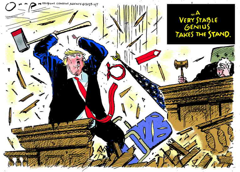 Political/Editorial Cartoon by Jack Ohman, The Oregonian on Trump Testifies
