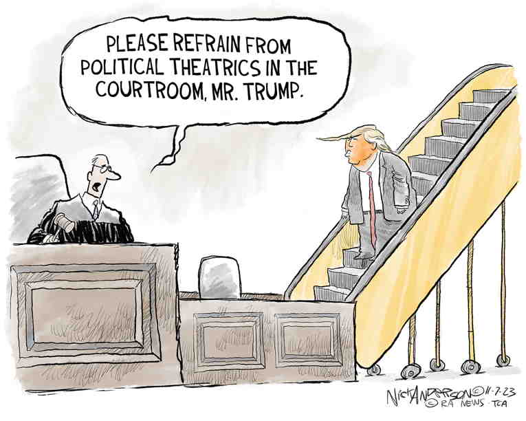 Political/Editorial Cartoon by Nick Anderson, Houston Chronicle on Trump Testifies