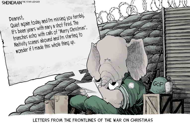 Political/Editorial Cartoon by Drew Sheneman, Newark Star Ledger on Christmas Season Arrives