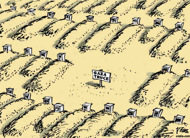Political/Editorial Cartoon by Tom Janssen, The Netherlands on Israel Resumes Bombing Gaza