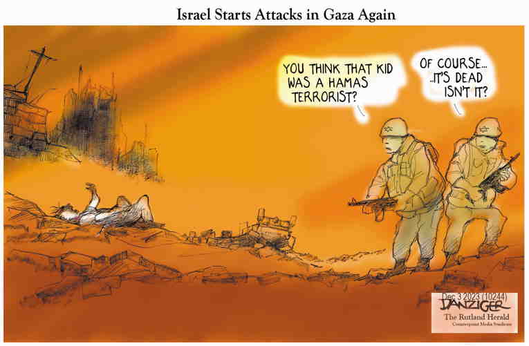 Political/Editorial Cartoon by Jeff Danziger on Israel Resumes Bombing Gaza