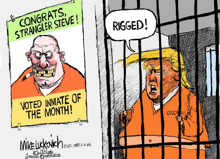 Political/Editorial Cartoon by Mike Luckovich, Atlanta Journal-Constitution on U.S. v. Trump Battle Intensifies