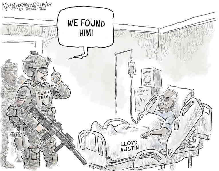 Political/Editorial Cartoon by Nick Anderson, Houston Chronicle on Lloyd Austin Treated for Cancer