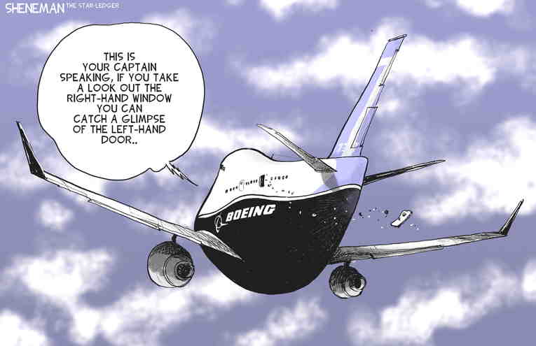 Political/Editorial Cartoon by Drew Sheneman, Newark Star Ledger on Boeing Apologies