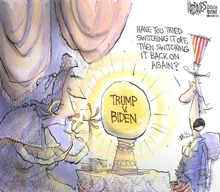 Political/Editorial Cartoon by Matt Davies, Journal News on Biden Steps on Campaign Gas