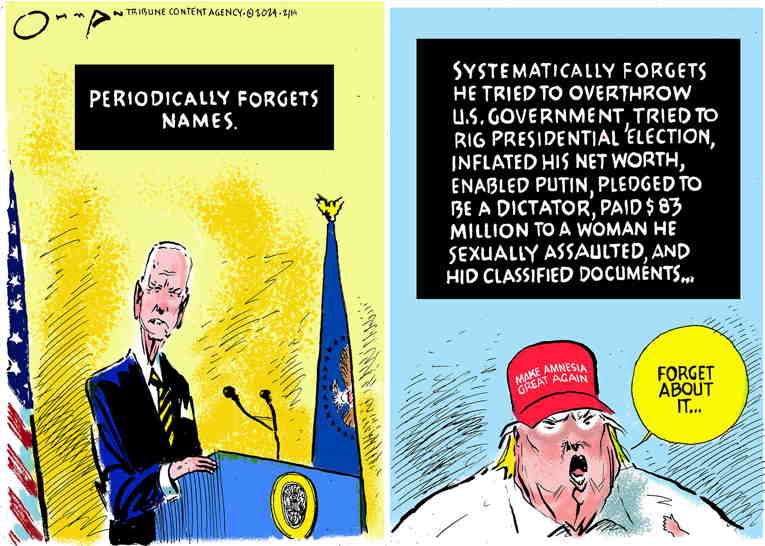 Political/Editorial Cartoon by Jack Ohman, The Oregonian on Biden Forgets