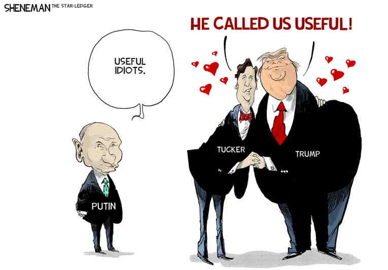 Political/Editorial Cartoon by Drew Sheneman, Newark Star Ledger on Trump, Carlson Hail Putin