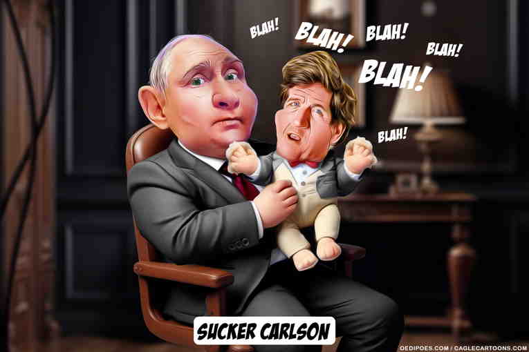 Political/Editorial Cartoon by Bart van Leeuwen, PoliticalCartoons.com on Trump, Carlson Hail Putin