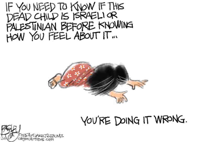 Political/Editorial Cartoon by Pat Bagley, Salt Lake Tribune on Gaza Massacre Continues