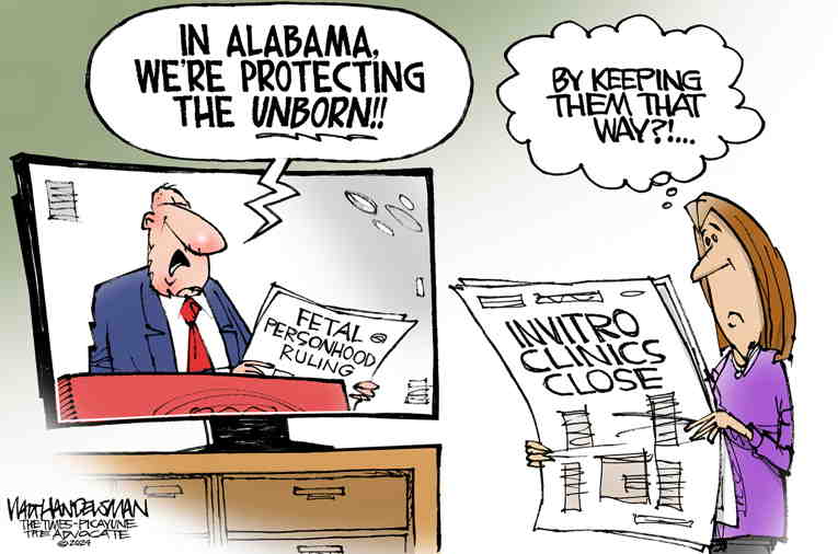 Political/Editorial Cartoon by Walt Handelsman, Newsday on Alabama: Embyros Are People