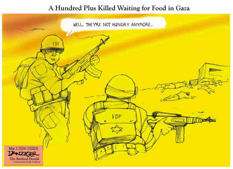 Political/Editorial Cartoon by Jeff Danziger on Massacre in Gaza Continues