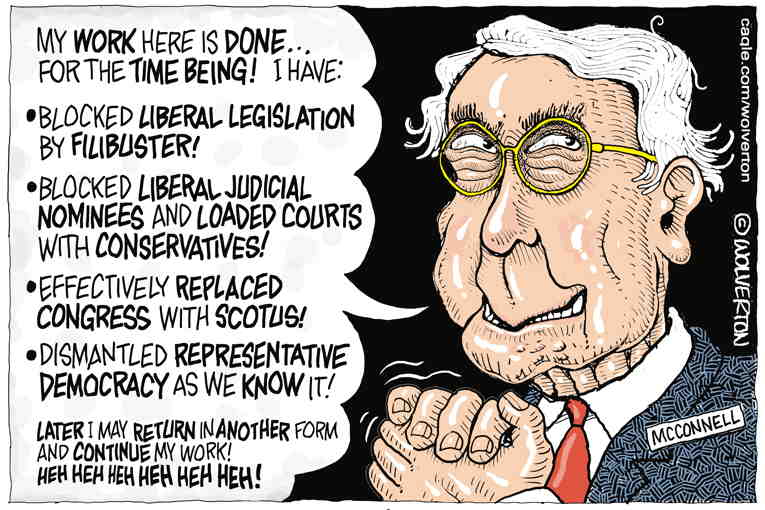 Political/Editorial Cartoon by Monte Wolverton, Cagle Cartoons on McConnell Announces Something