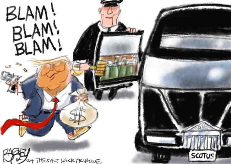 Political/Editorial Cartoon by Pat Bagley, Salt Lake Tribune on Trump Trial Delayed