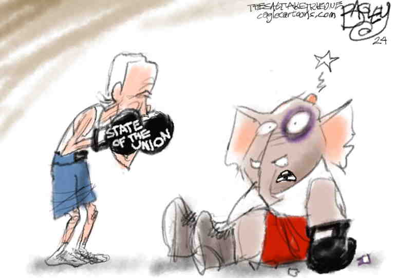 Political/Editorial Cartoon by Pat Bagley, Salt Lake Tribune on Biden Delivers Fiery SOTU Speech