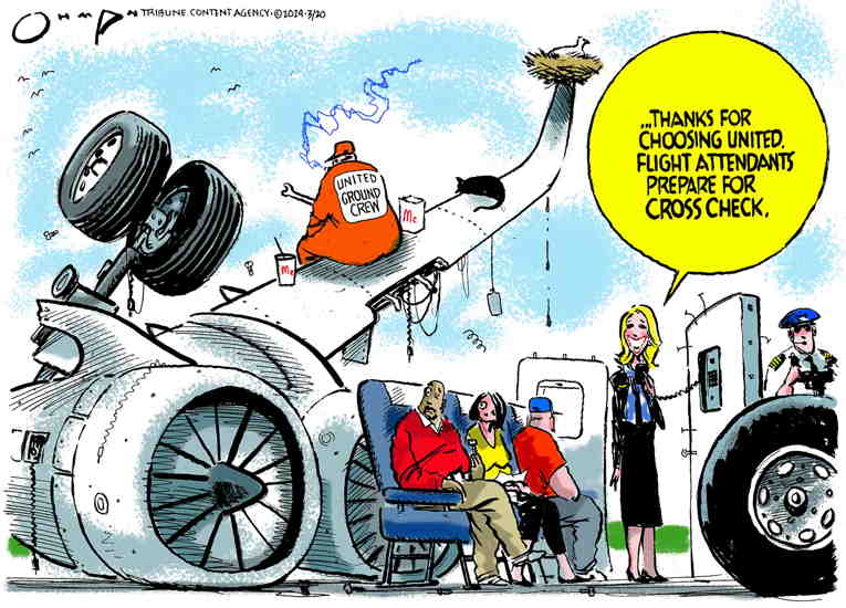 Political/Editorial Cartoon by Jack Ohman, The Oregonian on Boeing Stock Crashing