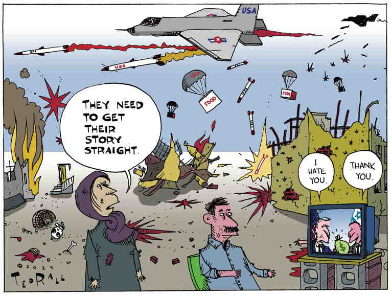 Political/Editorial Cartoon by Ted Rall on U.S. Increases Gaza Aid Drops