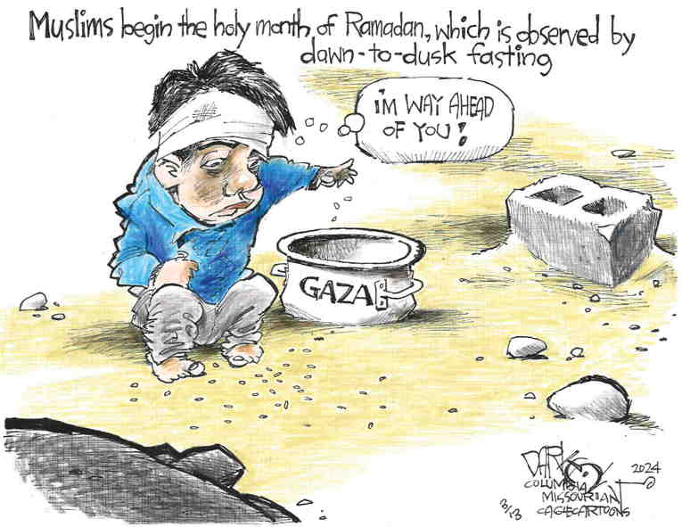 Political/Editorial Cartoon by John Darkow, Columbia Daily Tribune, Missouri on U.S. Increases Gaza Aid Drops