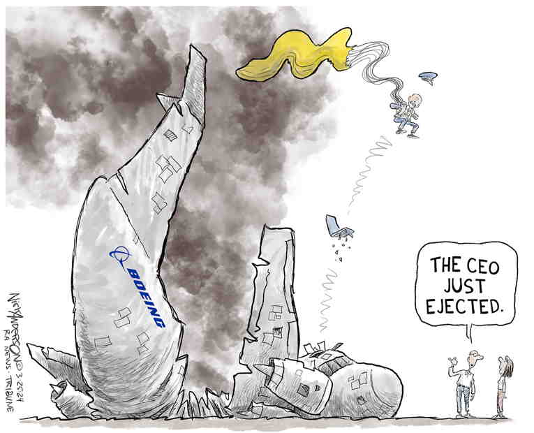 Political/Editorial Cartoon by Nick Anderson, Houston Chronicle on Boeing CEO Steps Down