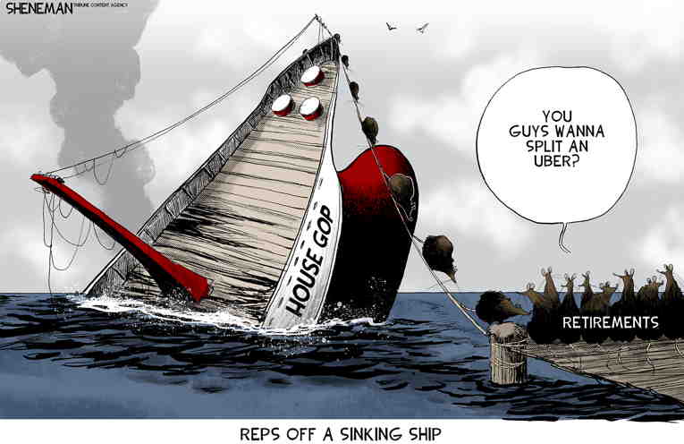 Political/Editorial Cartoon by Drew Sheneman, Newark Star Ledger on GOP House Melts Down