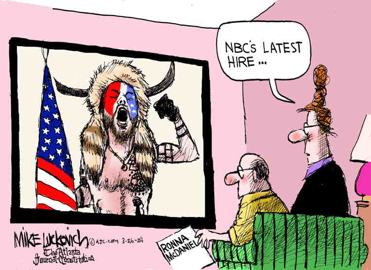 Political/Editorial Cartoon by Mike Luckovich, Atlanta Journal-Constitution on NBC Hires MAGA Stooge