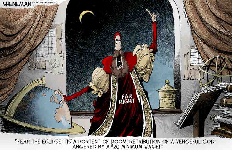 Political/Editorial Cartoon by Drew Sheneman, Newark Star Ledger on Eclipse Mesmerizes Nation