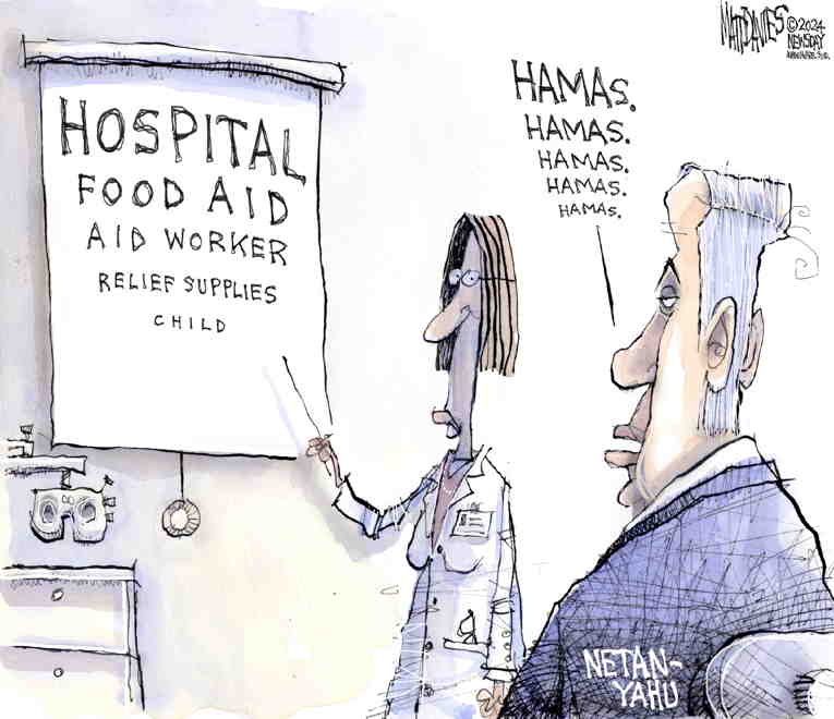 Political/Editorial Cartoon by Matt Davies, Journal News on Massacre in Gaza Continues