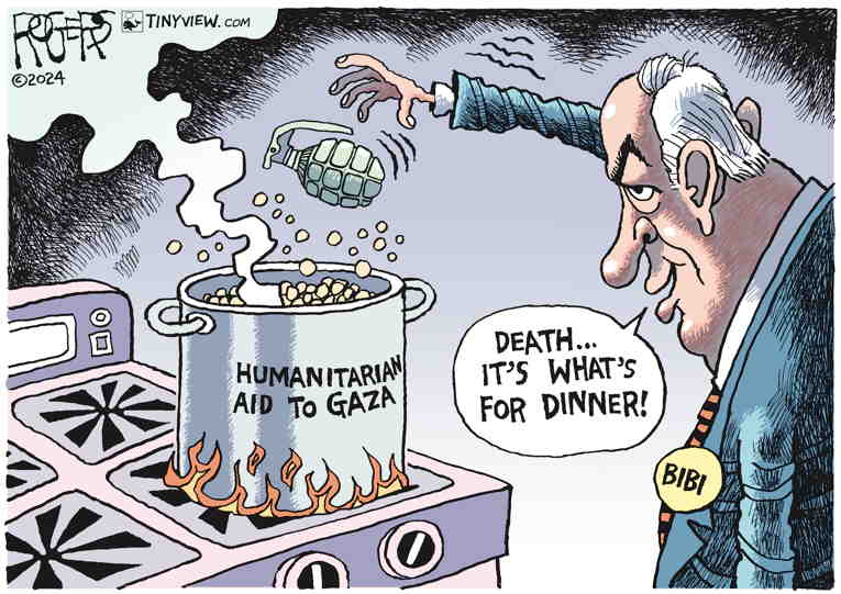 Political/Editorial Cartoon by Rob Rogers on Massacre in Gaza Continues