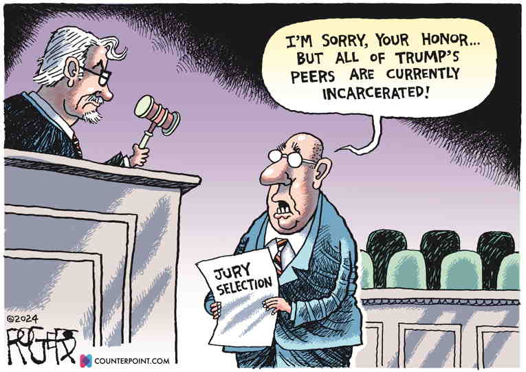 Political/Editorial Cartoon by Rob Rogers on Trump Criminal Trial Begins