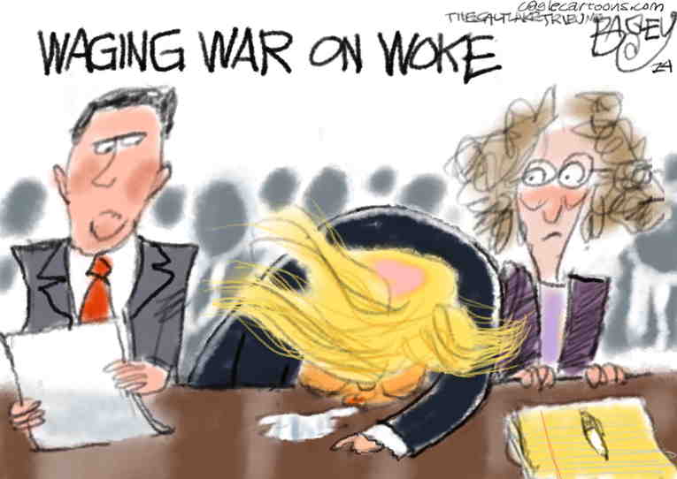 Political/Editorial Cartoon by Pat Bagley, Salt Lake Tribune on Trump Criminal Trial Begins