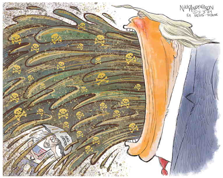 Political/Editorial Cartoon by Nick Anderson, Houston Chronicle on Trump Trial Turns Stormy