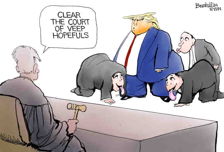 Political/Editorial Cartoon by Bill Bramhall, New York Daily News on Bootlickers Audition for VP