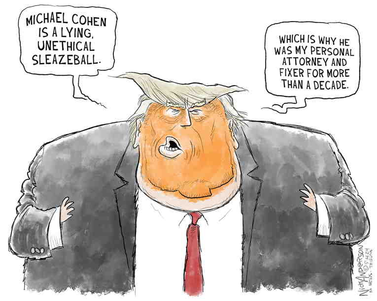 Political/Editorial Cartoon by Nick Anderson, Houston Chronicle on Stormy and Cohen Testify