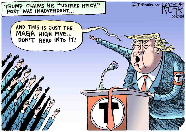 Political/Editorial Cartoon by Rob Rogers on Trump Ad Salutes “Reich”