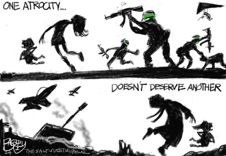 Political/Editorial Cartoon by Pat Bagley, Salt Lake Tribune on Israel Attacks “Safe Area”