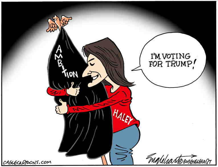 Political/Editorial Cartoon by Bob Engelhart, Hartford Courant on Haley Licks Trump’s Boots