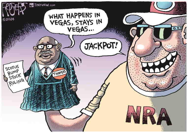 Political/Editorial Cartoon by Rob Rogers on Supreme Court: Machine Guns A.O.K.