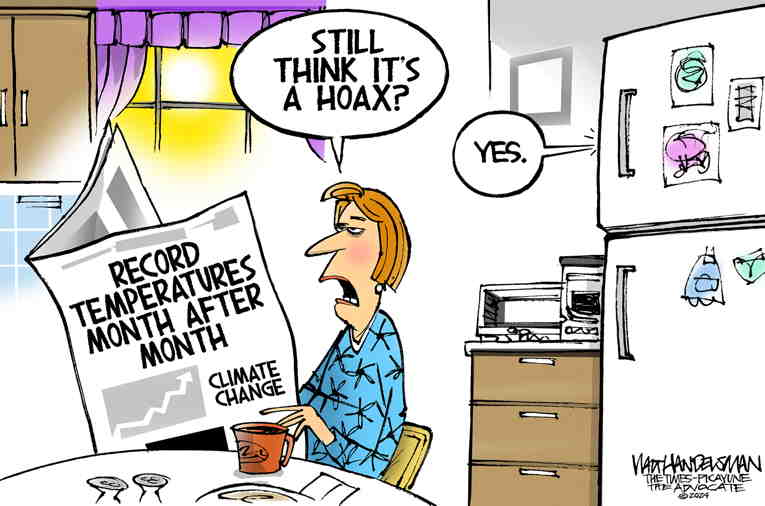 Political/Editorial Cartoon by Walt Handelsman, Newsday on Record Heat, Fires, Floods