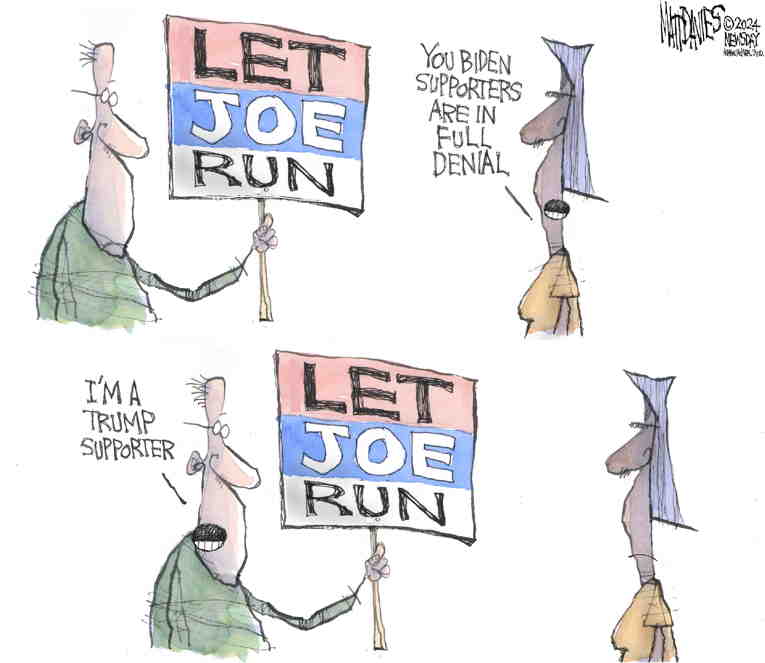 Political/Editorial Cartoon by Matt Davies, Journal News on Biden Vows to Stay in Race