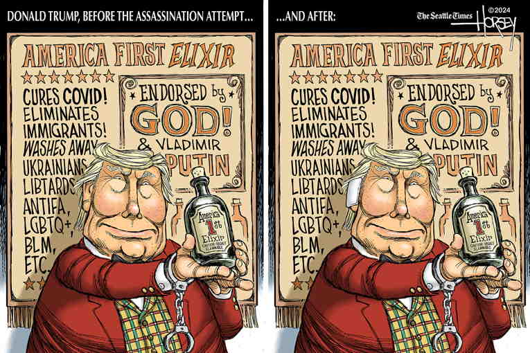 Political/Editorial Cartoon by David Horsey on Trump Survives Assassination Attempt