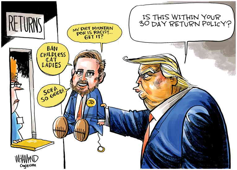 Political/Editorial Cartoon by Dave Whamond, Canada, PoliticalCartoons.com on JD Vance Cons the Don