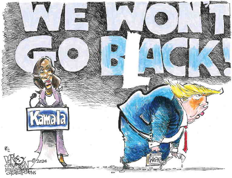 Political/Editorial Cartoon by John Darkow, Columbia Daily Tribune, Missouri on Trump: “Kamala Suddenly Black”