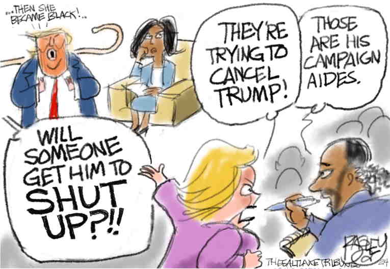 Political/Editorial Cartoon by Pat Bagley, Salt Lake Tribune on Trump: “Kamala Suddenly Black”